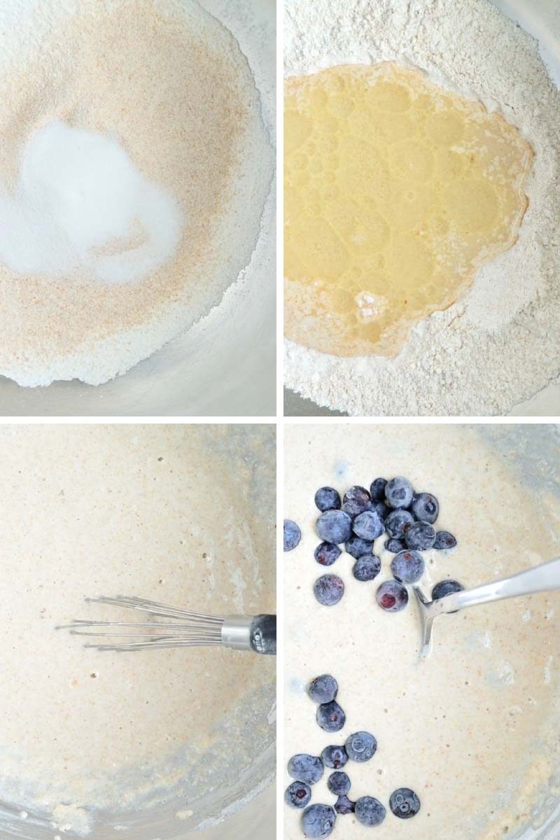 Collage of mixing up pancake ingredients in a metal mixing bowl.