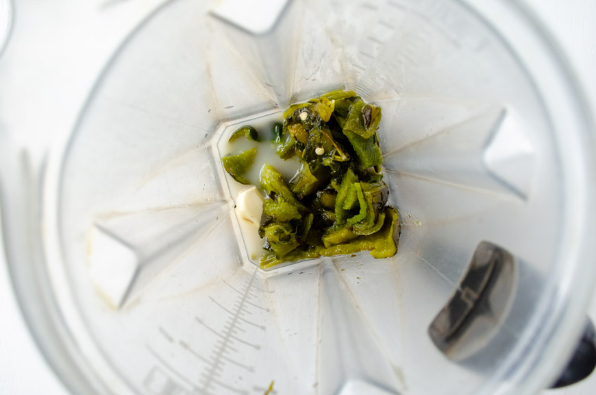 Ingredients for poblano cream sauce in blender.