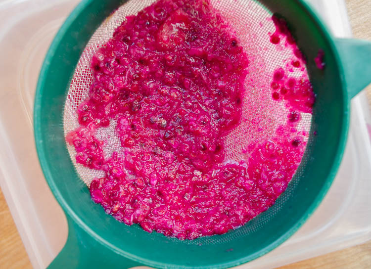 Pureed prickly pear draining in a nylon strainer.