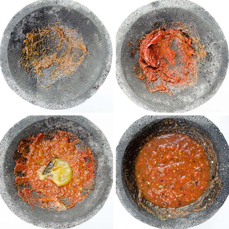 A collage of 4 images showing salsa being ground in a molcajete.