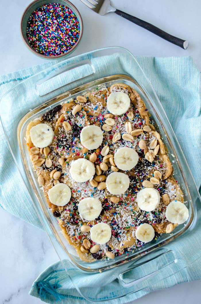 Top view of a glass baking dish with vegan capirotada.