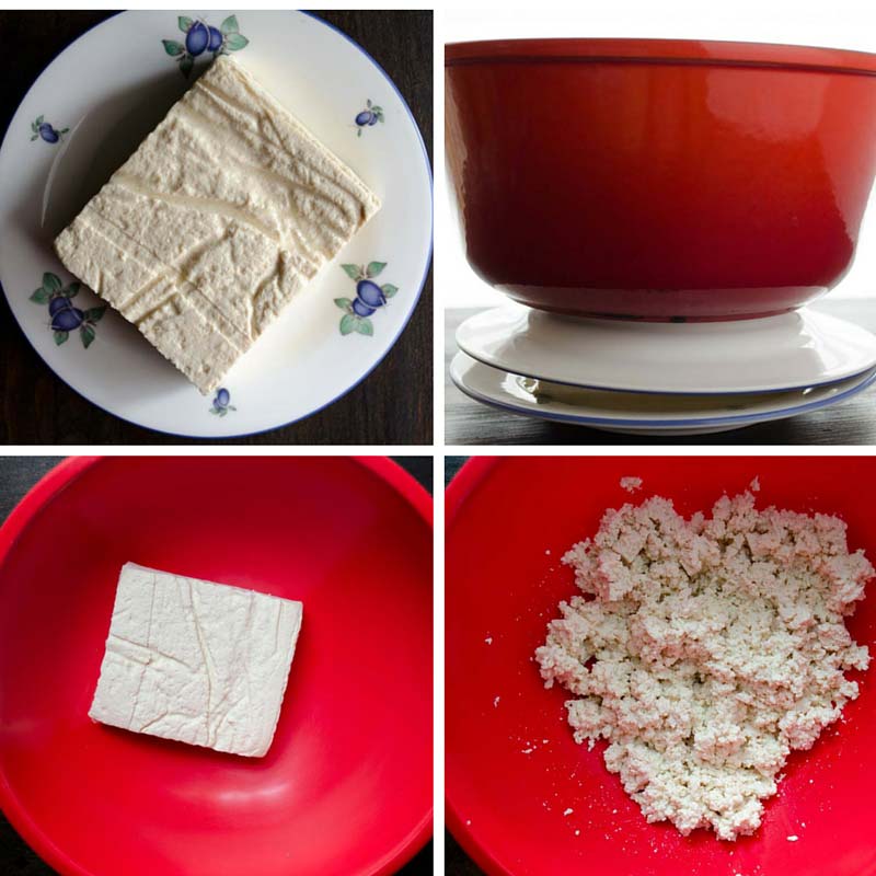 A collage of steps on how to press water out of tofu and crumble it.