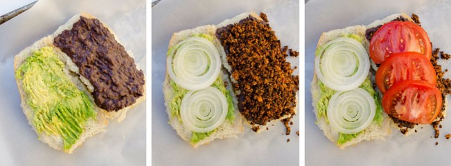 Collage showing ingredients being layered onto a torta bread.