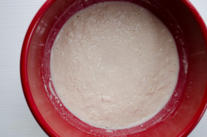 Yeast mixed with milk and a little but of flour in a red bowl