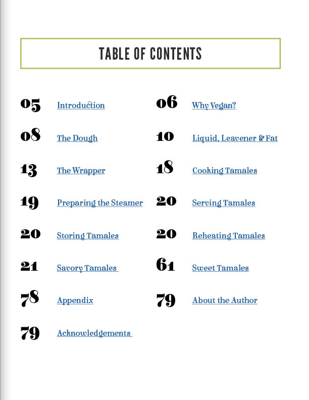 Image of the Table of Contents of Vegan Tamales Unwrapped eBook.