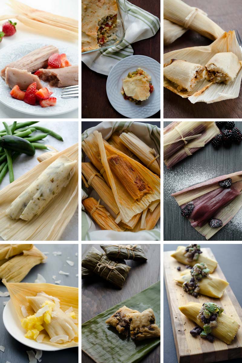 A collage of 9 types of vegan tamales from an eBook.