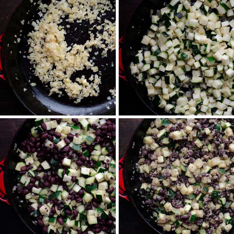 Collage of onion, zucchini, and black bean being sauteed in a skillet.