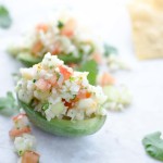 Cauliflower ceviche stuffed into an avocado half