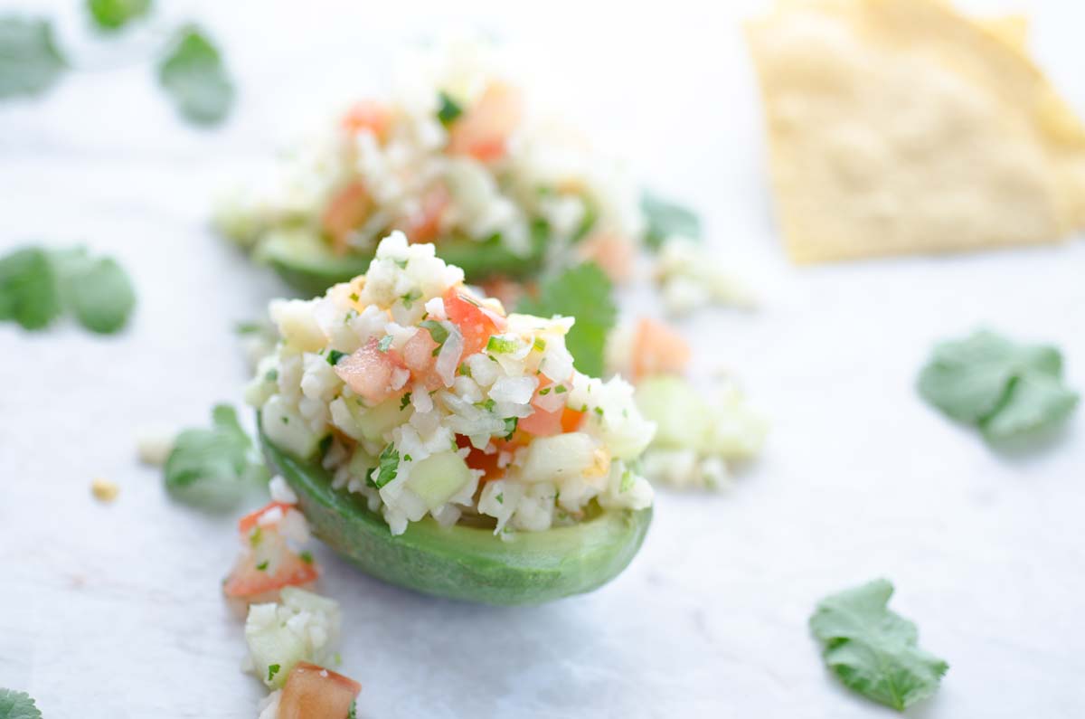 Cauliflower ceviche stuffed into an avocado half