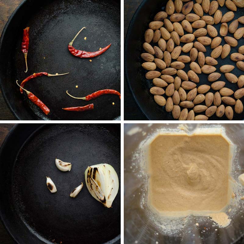 A collage of toasting ingredients in a skillet, then blending them.