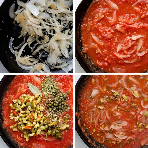 Veracruz-style fava bean stew ingredients simmering in a cast iron skillet.