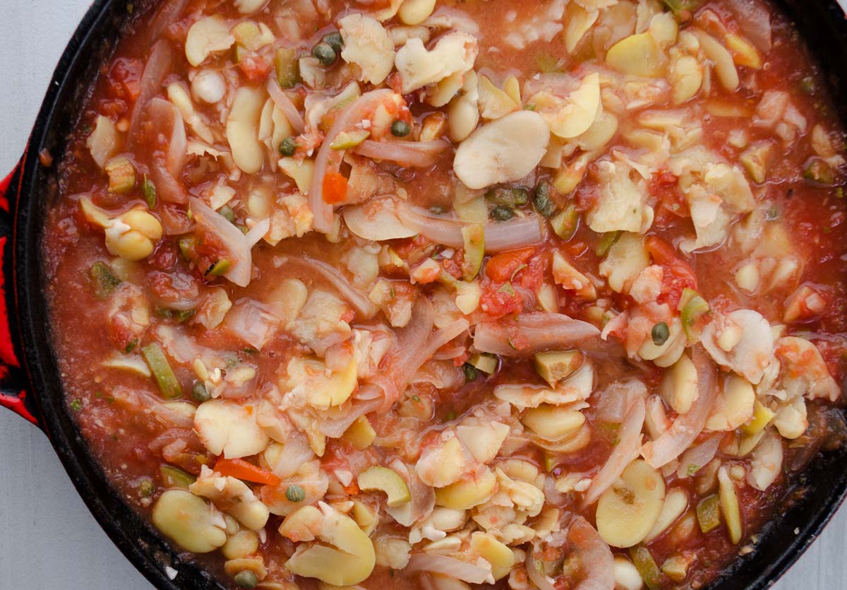 Veracruz-style fava bean stew in a cast iron skillet.