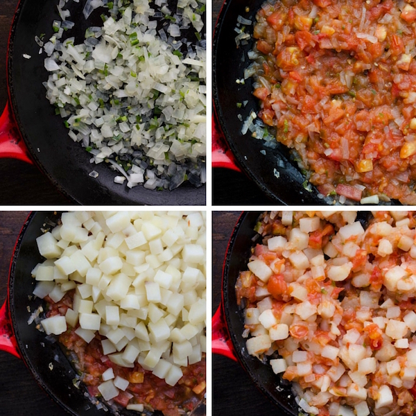 A collage of cooking down potato scramble ingredients in a cast iron skillet.