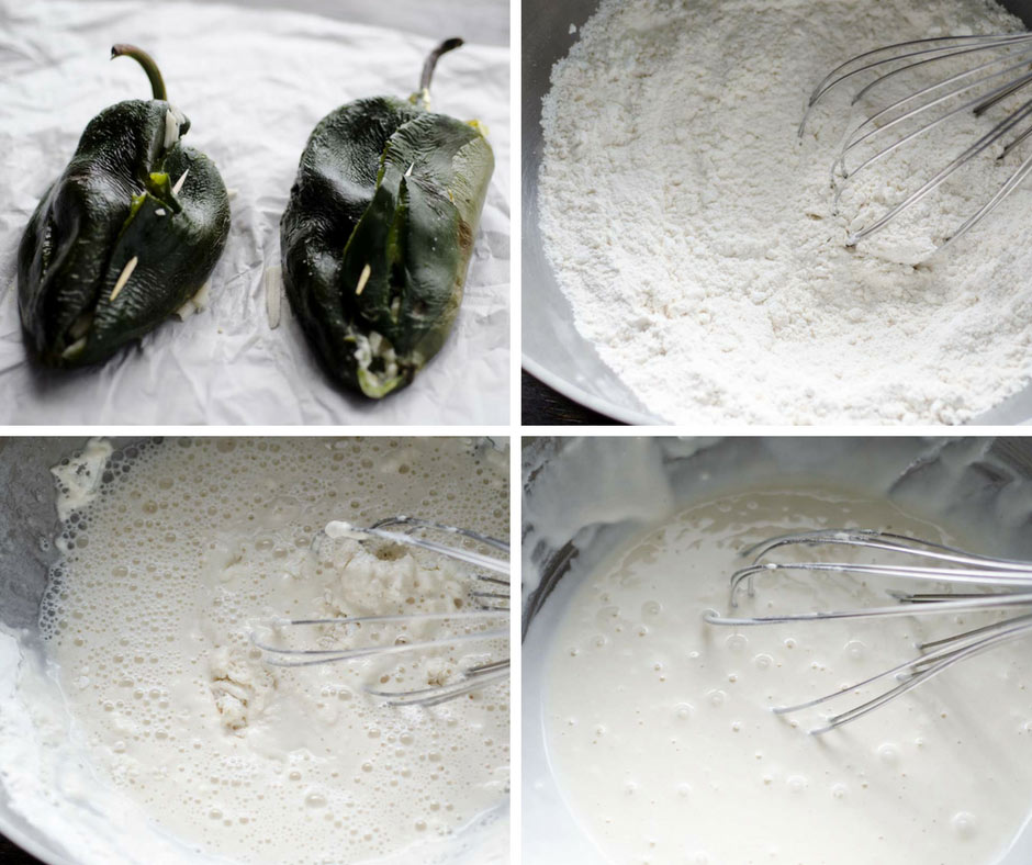 A collage showing you to mix up batter for chile rellenos.