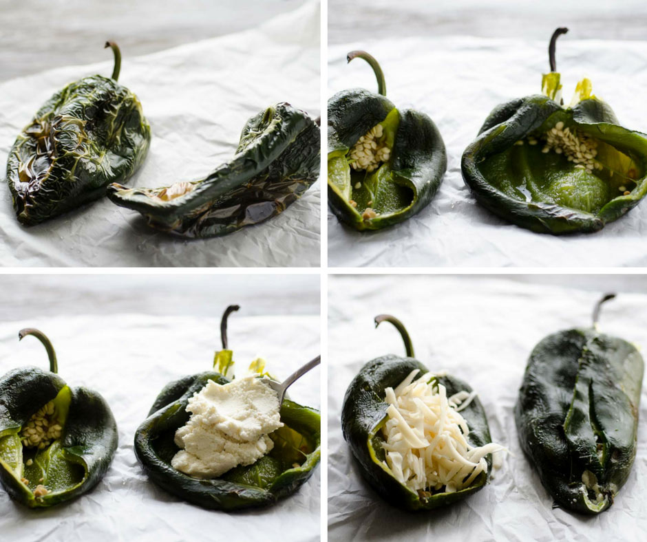 A collage showing how to split and fill roasted poblanos.