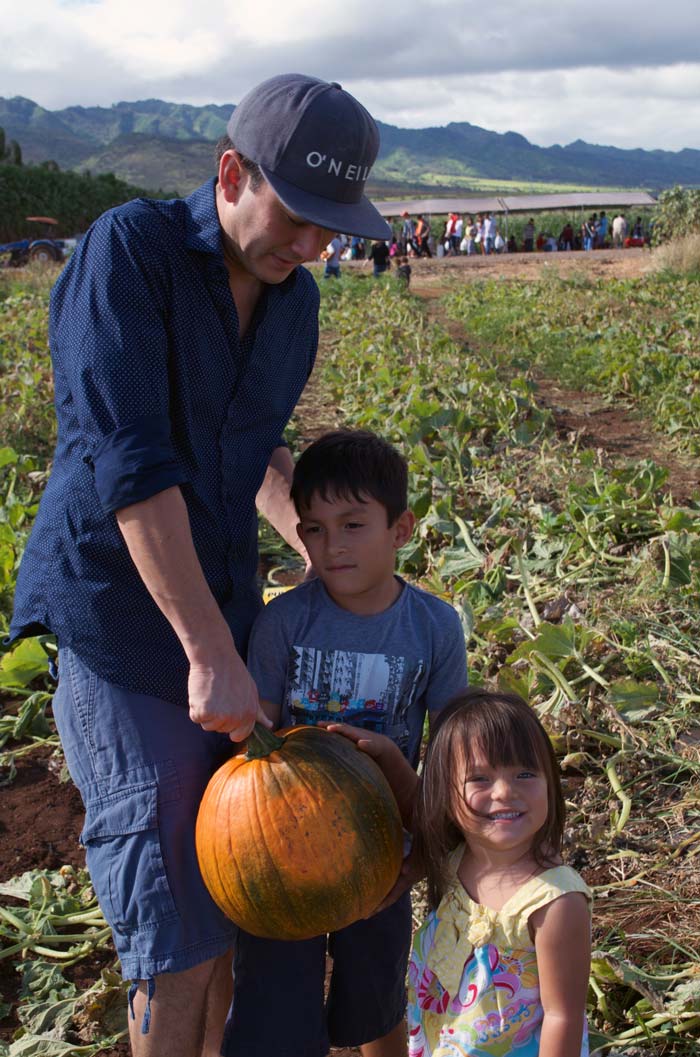 Dad and two kids in a pumpkin patch.