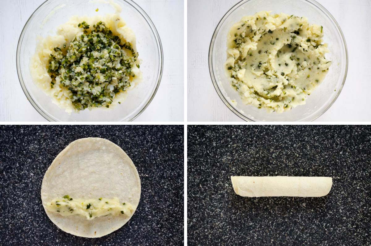 Collage of how to fill tortillas to make flautas.