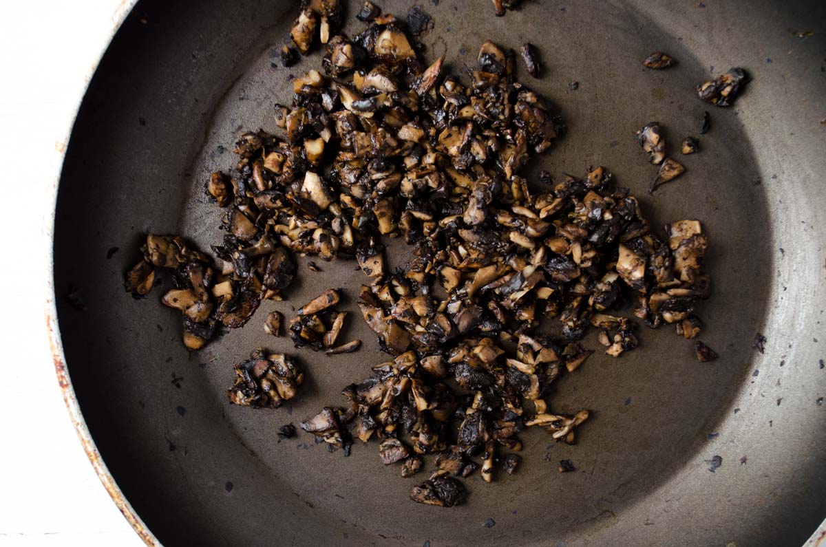 Diced mushrooms in a nonstick saute pan.