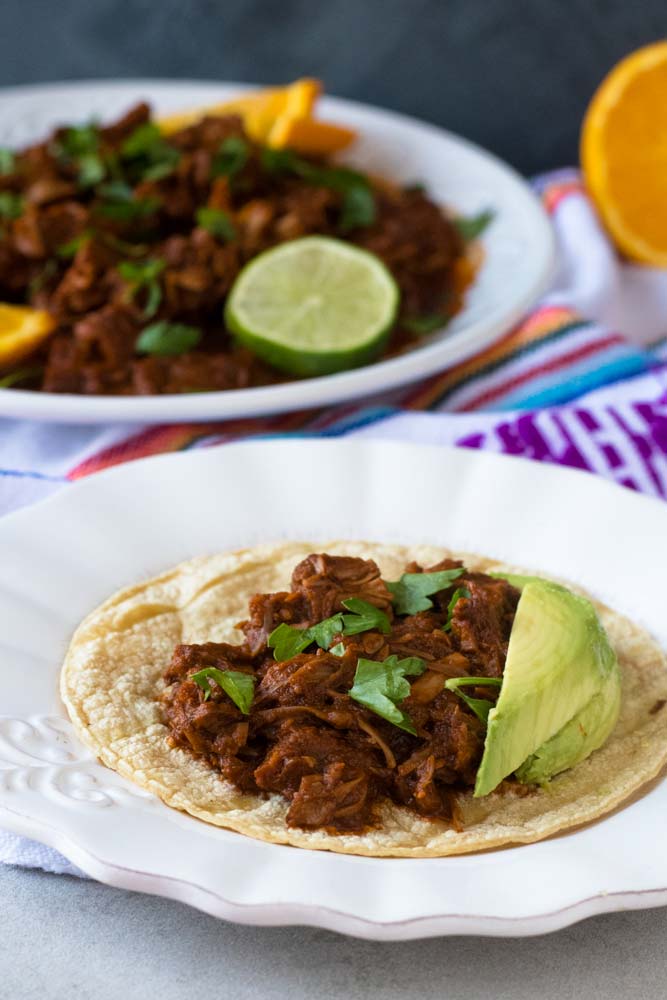 Jackfruit chilorio and sliced avocado on a corn tortilla on a white dinner plate.