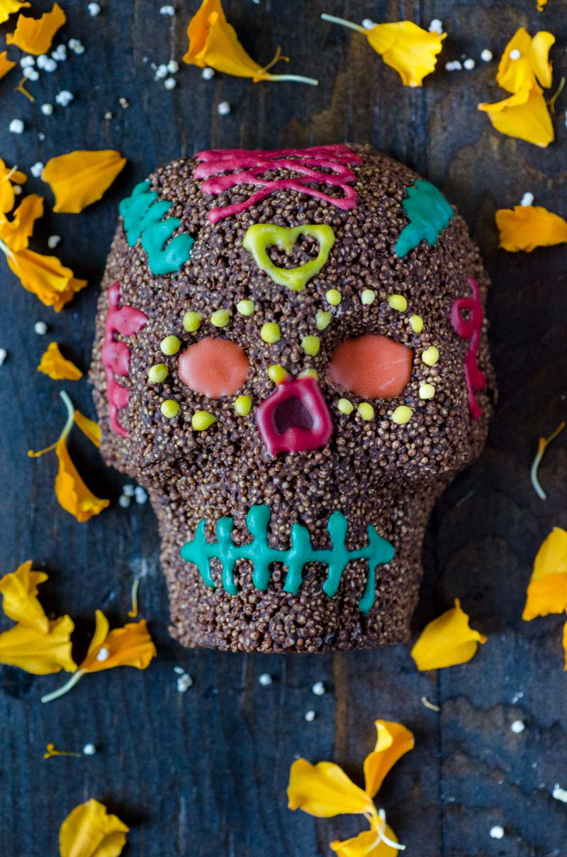 Chocolate amaranth sugar skull on a dark background.