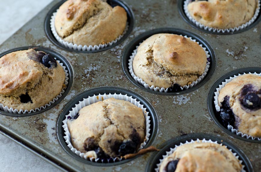 Closeup of vegan blueberry muffins cooling in the pan.