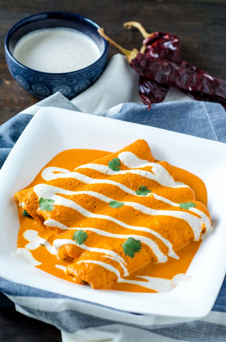 Spicy peanut sauce enchiladas on a square white dinner plate.