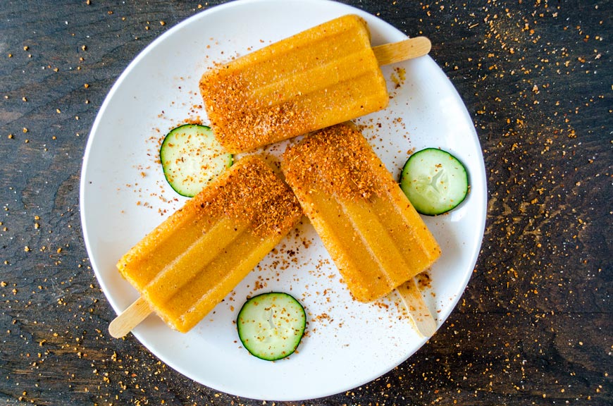 Cucumber-chile paletas (Cucumber popsicles with lime and chile). Not too spicy, yet sweet and a bit tart, the perfect combination.