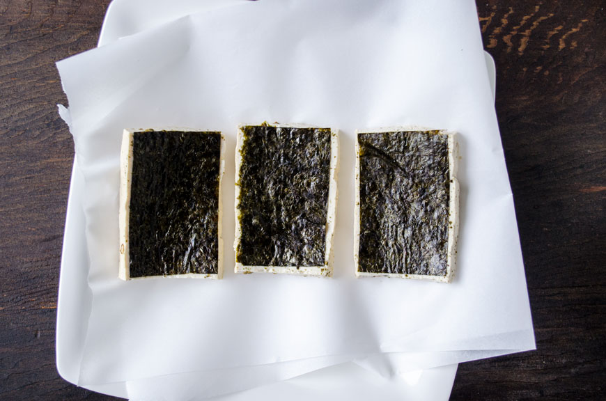 Tofu lined with nori sheets for vegan fish tacos