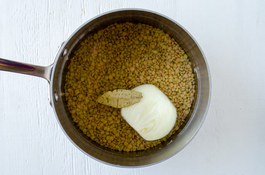 Sauce pot filled with brown lentils, water, onion, and bay leaf.