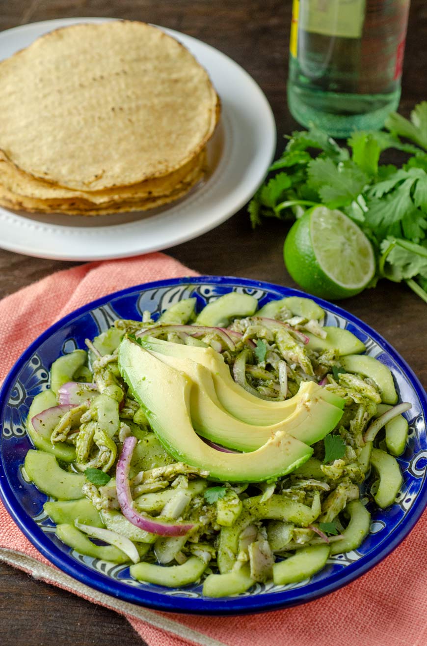 Vegan aguachile verde on a blue talavera plate on top of a melon colored cloth napkin.