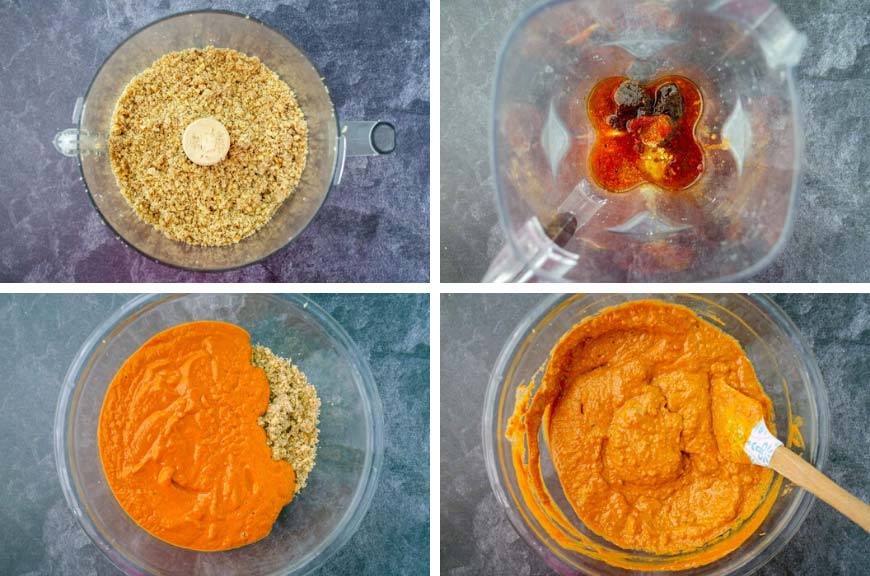 4 pictures, picture to the top left has ground walnuts in a food processor, top right ingredients in blender for marinade, bottom left redish pureed marinade over walnuts in a glass bowl, bottom left everything mixed together in glass bowl with spatula