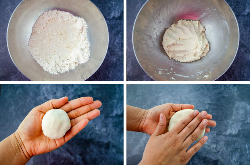 4 pictures, top left masa harina and water in metal bowl, top right ball of dough in metal bowl, bottom left open hand palm up with ball of dough, bottom right two hands pressing ball of dough into a pattie shape