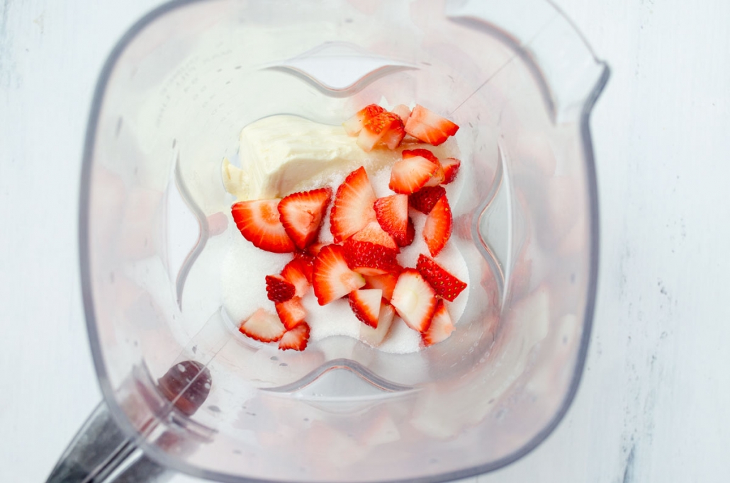 Strawberries, tofu, sugar and lime juice in blender.