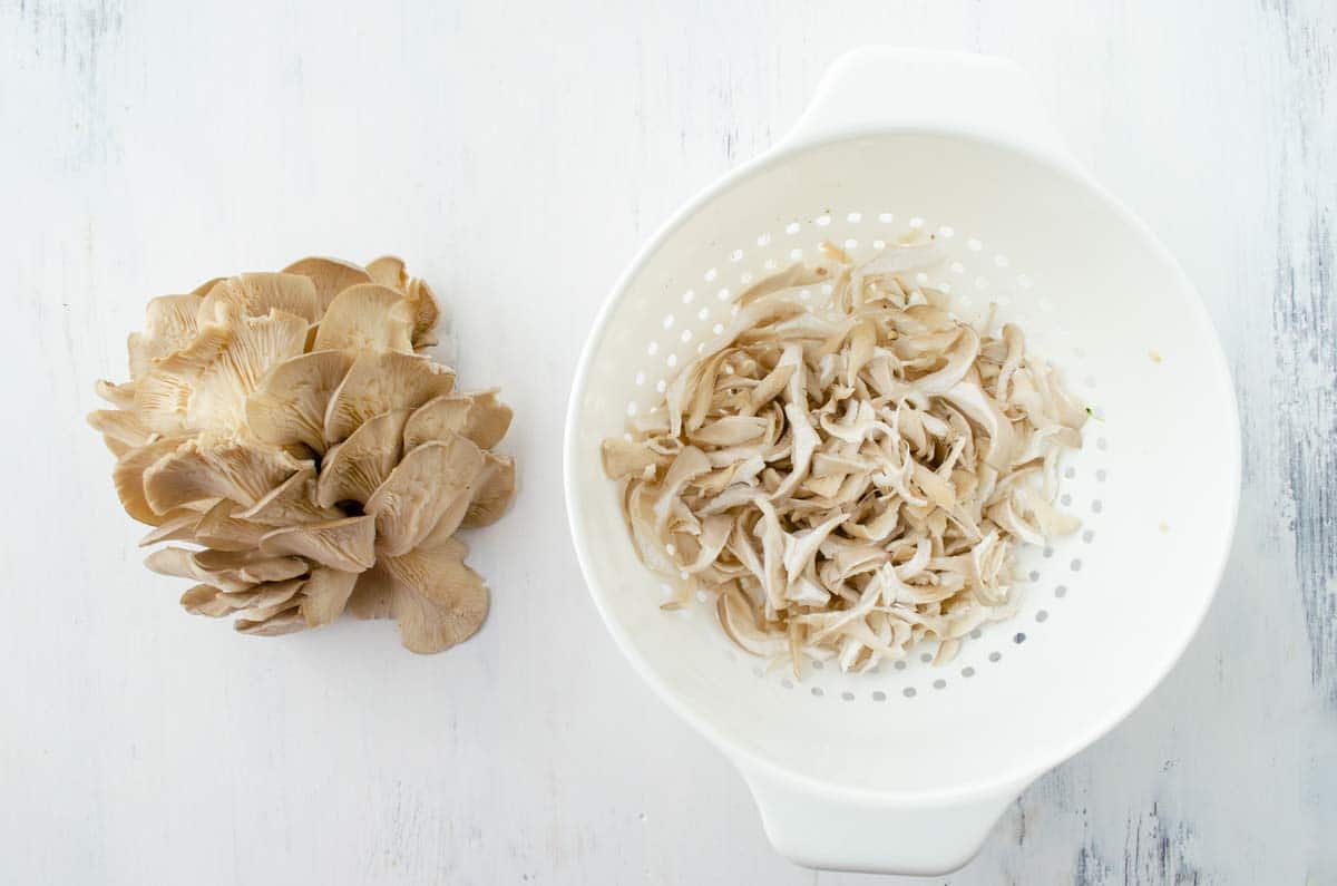 oyster mushrooms in a colander on a white surface