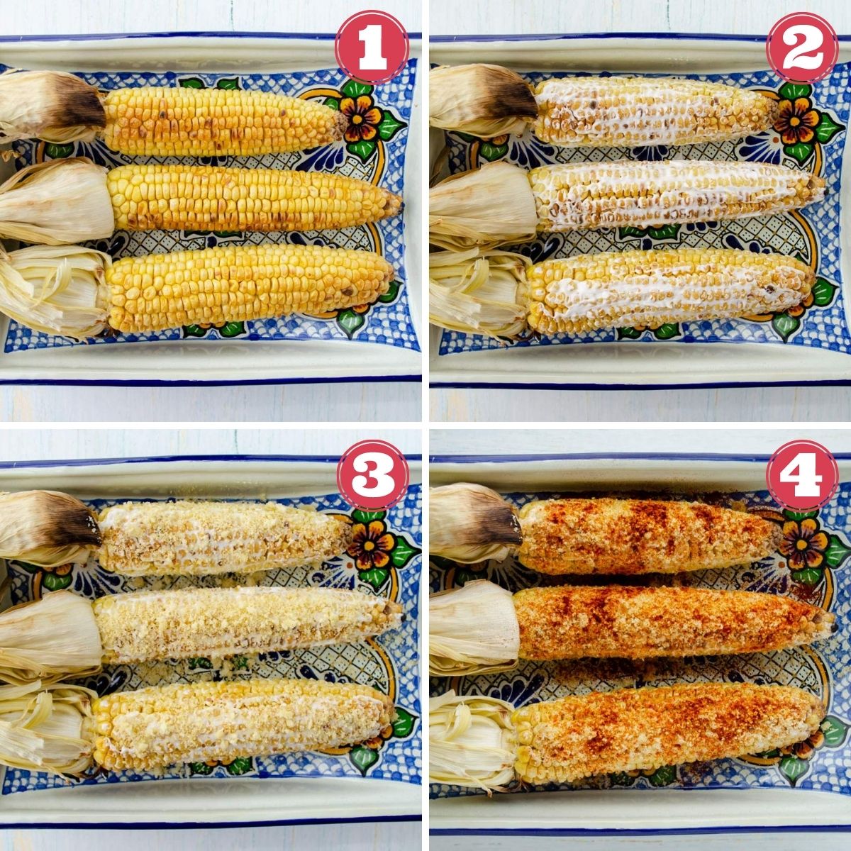 from left to right 3 cobs of corn, 3 cobs of corn with mayo, 3 cobs of corn with queso fresco, three cobs of corn with chile powder