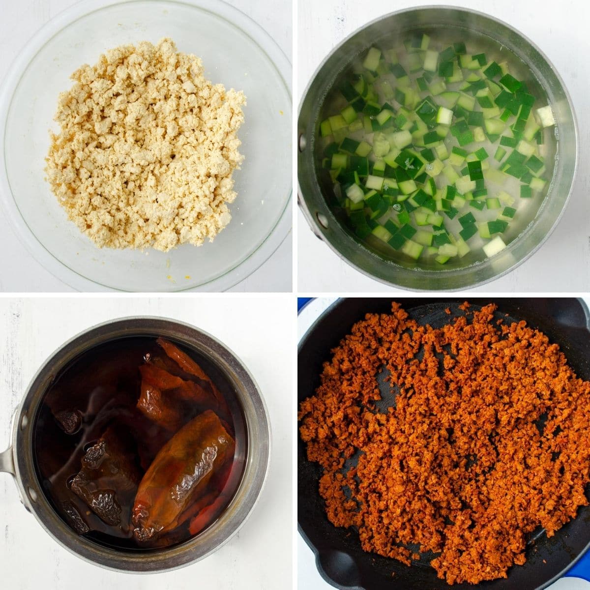 from left to right tofu queso fresco in a glass bowl, a pot with water and zucchini, a pot with dried chiles soaking in water, a saute pan with cooked chorizo