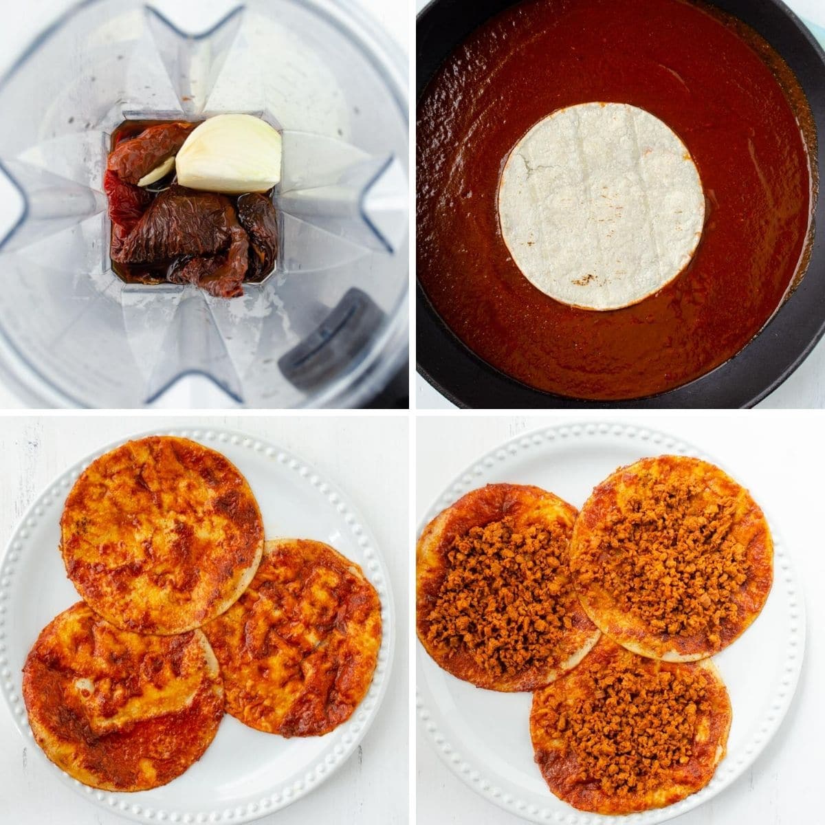 from left to right a blender with dried chiles, onion and garlic, a saute pan with sauce and a tortilla being dipped, a white plate with three tortillas covered in sauce, chorizo added to the tortillas