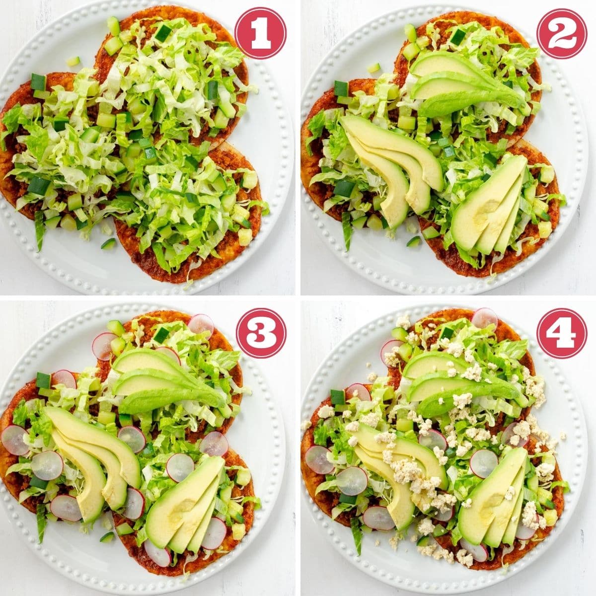 from left to right, a plate with three tortillas topped with lettuce and zucchini, same plate with avocado added, same plate with radishes added, same plate with queso fresco added