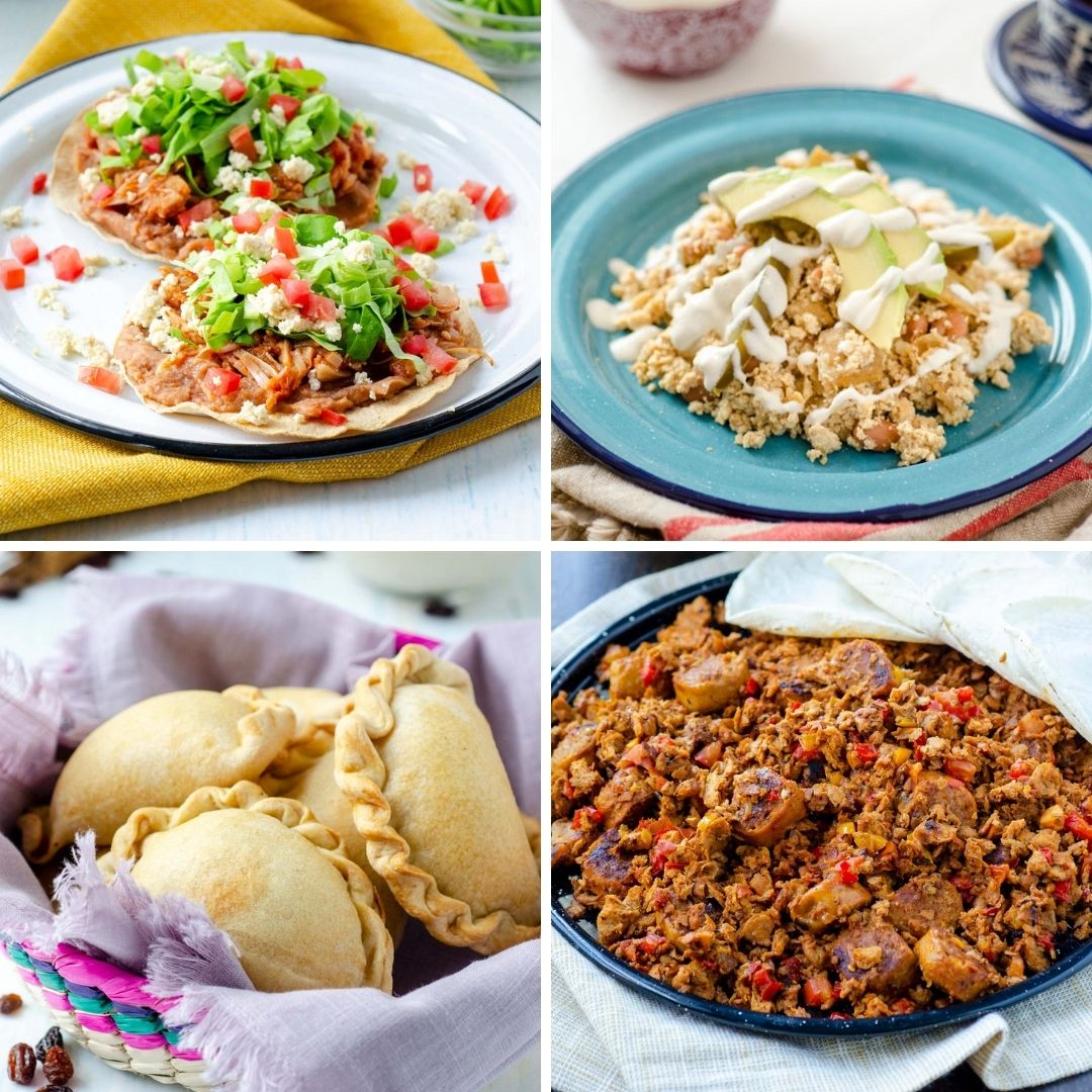 from left to right tostadas de tinga, chiapas tofu scramble, arroz con leche pasties, discada norteña