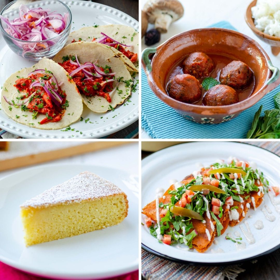 from left to right cochinita pibil, durango style meatballs, sisgua, and enchiladas potosinas.