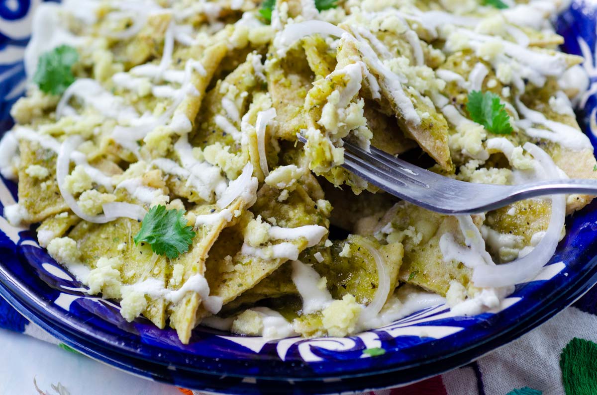 close up of a plate of chilaquiles with a fork digging into them