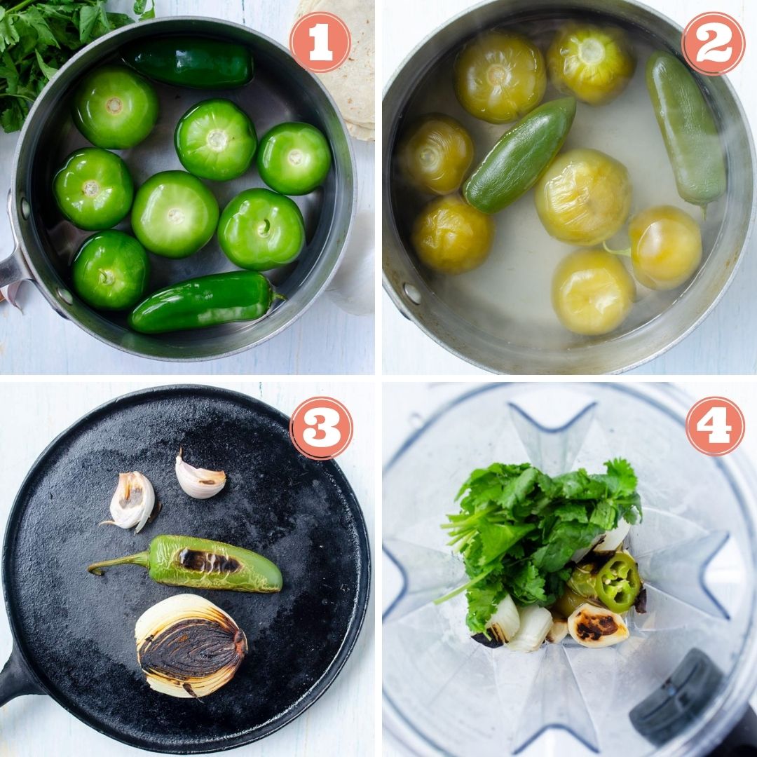 from left to right a pot of water with tomatillos and jalapeños; a pot with water and cooked tomatillos and jalapeño; onion, garlic, and jalapeño toasting on a comal; ingredients for salsa verde in blender