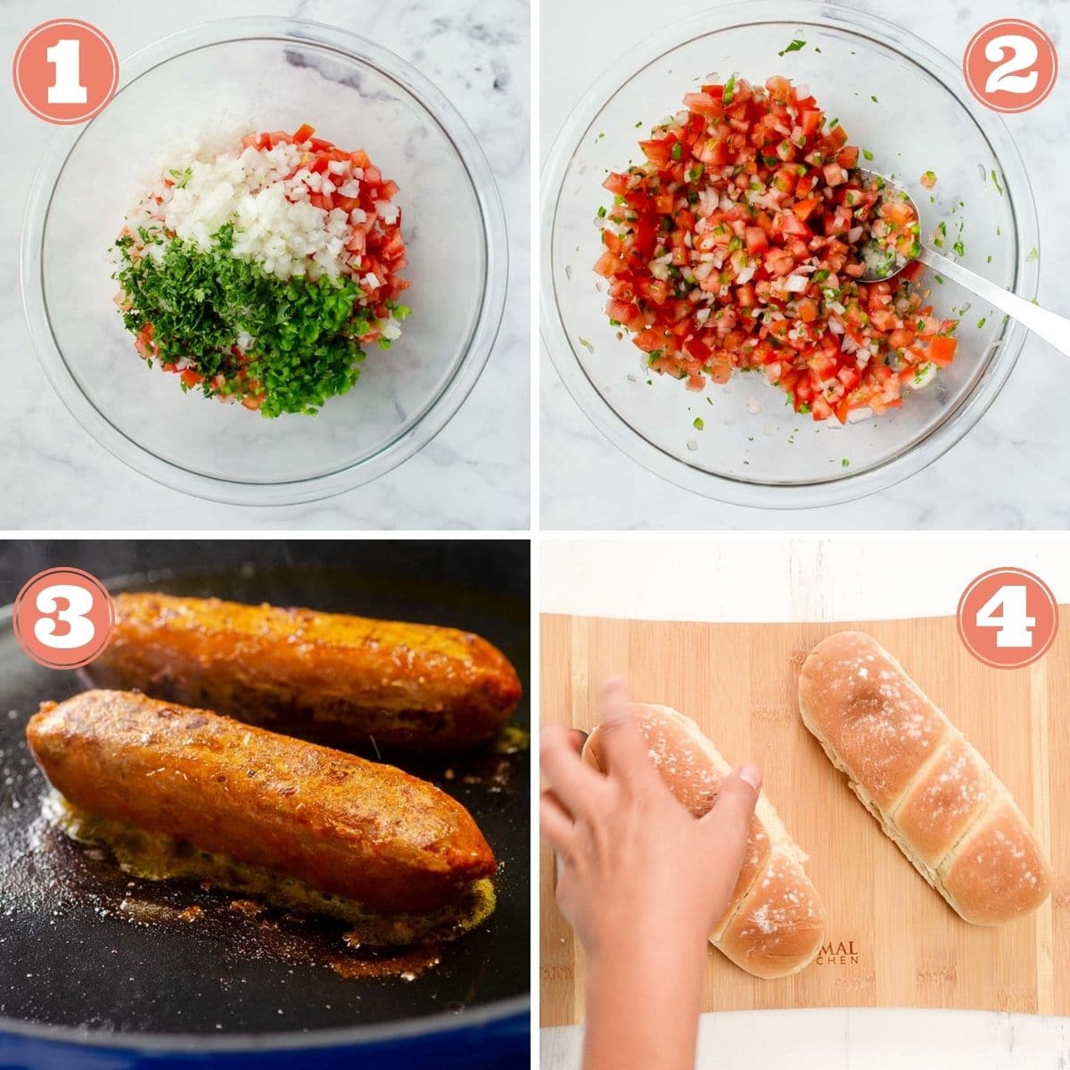 from left to right glass bowl with ingredients for pico de gallo, pico de gallo mixed in glass bowl. vegan sausage cooking in skillet, toasted buns on a cutting board