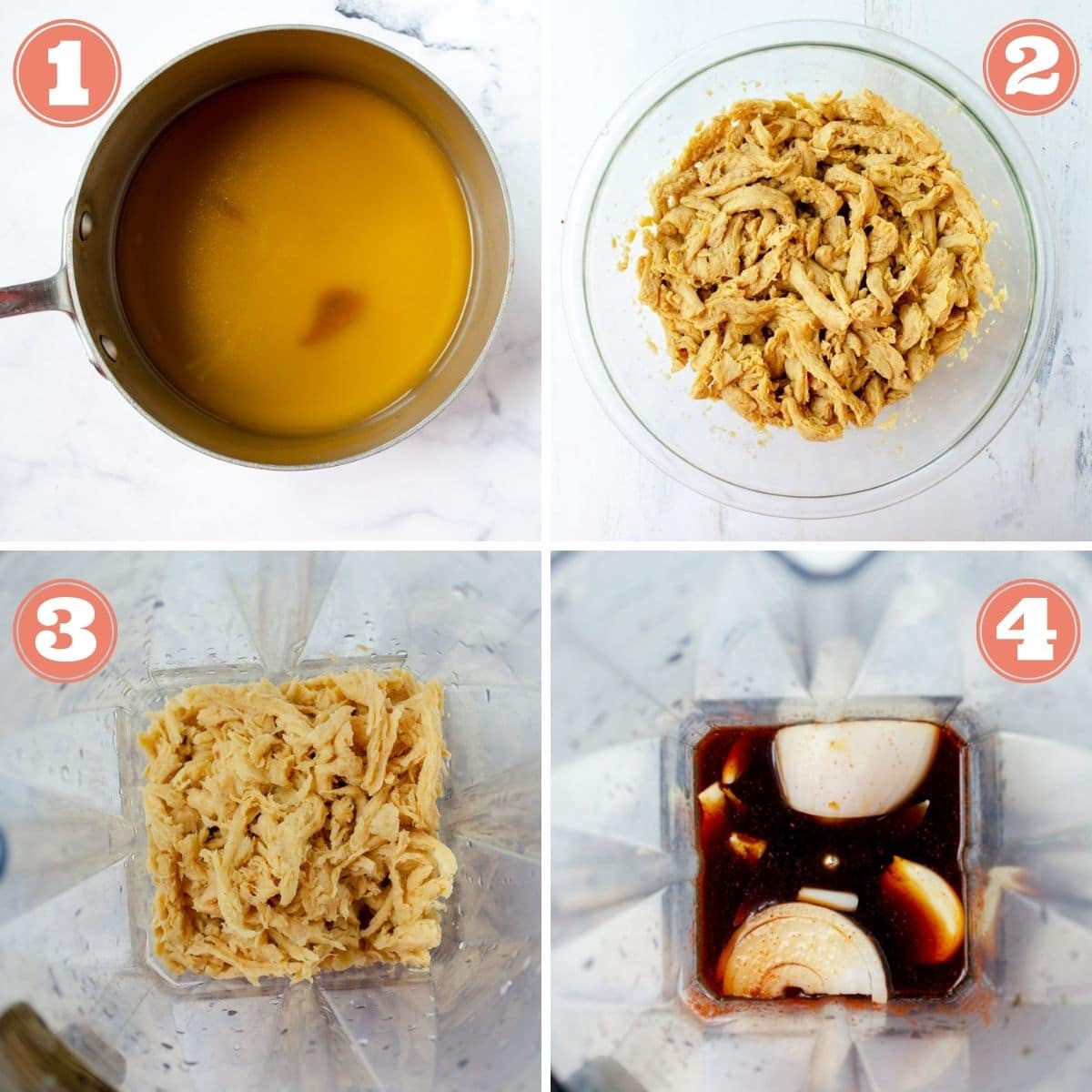 from left to right a pot of vegetable broth, soy curls soaking in water, soy curls in the blender, ingredients for seasoning sauce in the blender