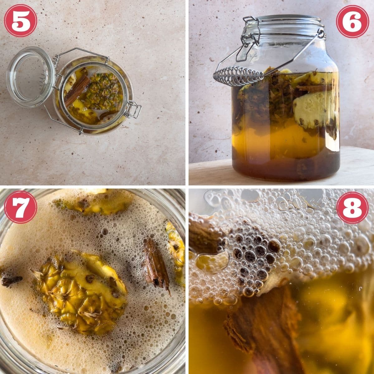 from left to right cinnamon added to jar full pf pineapple skins, liquid added to jar, surface of jar after fermentation, fermentation bubbles