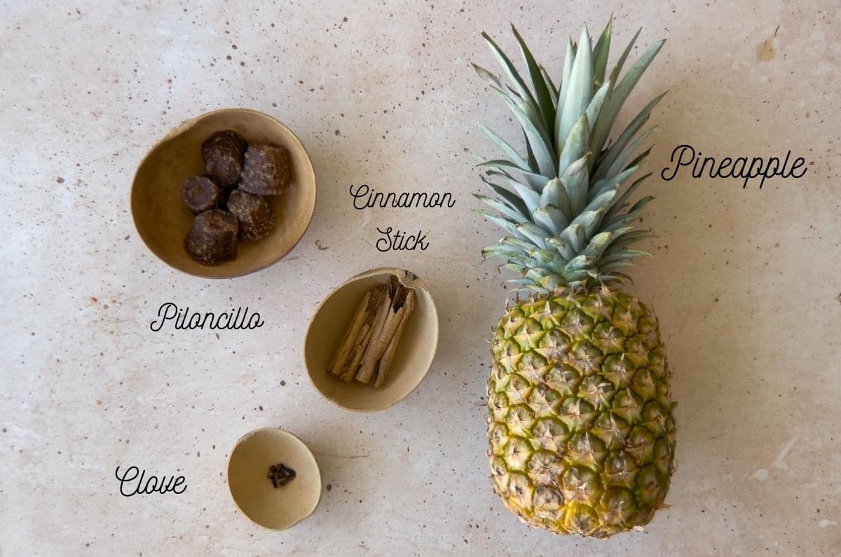 pineapple, cinnamon stick, clove, and piloncillo on a beige background