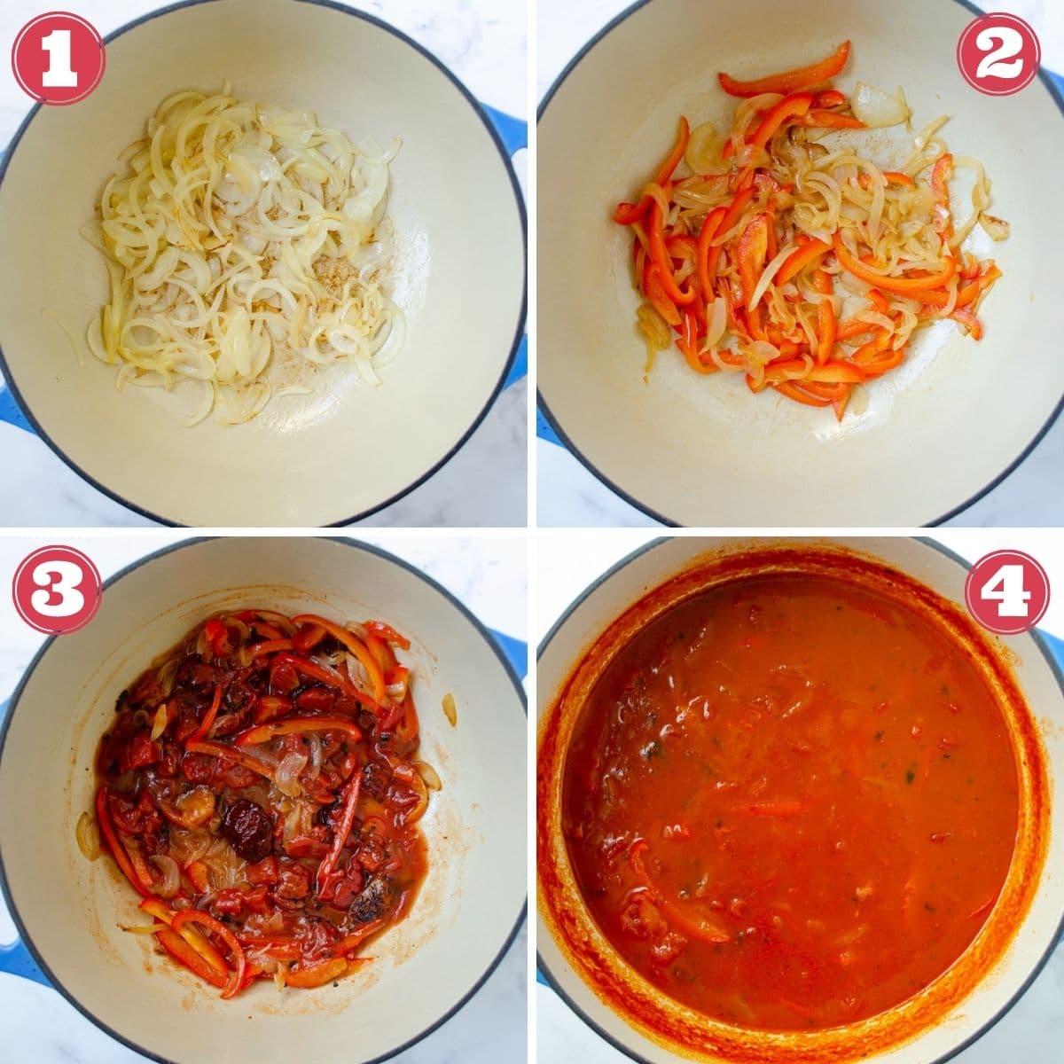 from left to right a a pot with onions cooking, a pot with onions and peppers cooking, a pot with onion, peppers, and chipotle cooking, broth added to the pot