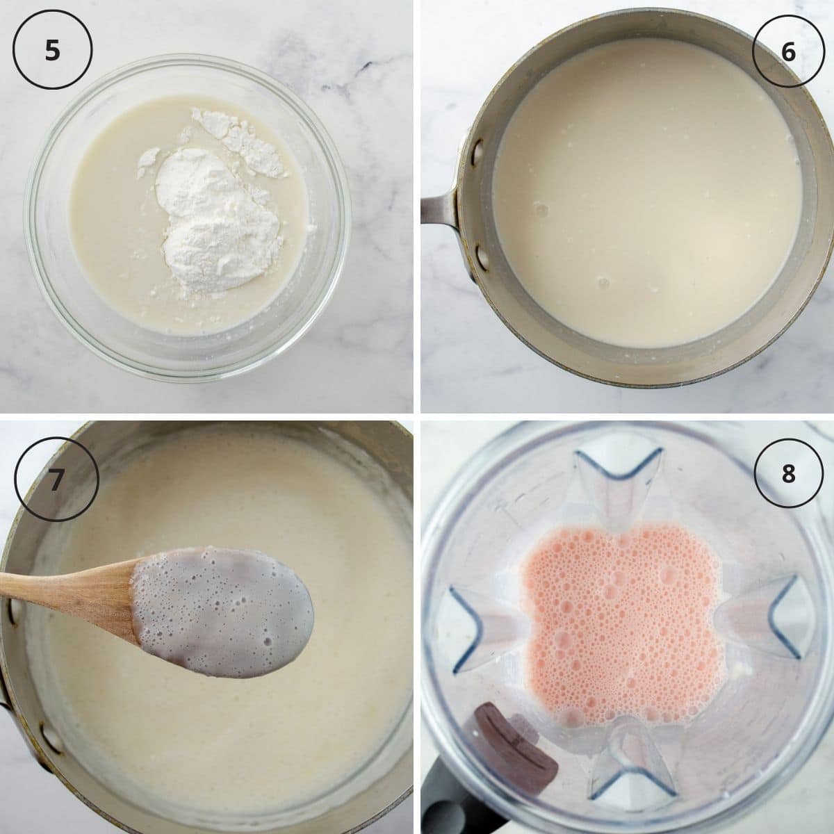 bowl of soy milk and cornstarch, pot with a combination of milk, spoon coated with gelato base, gelato base blended