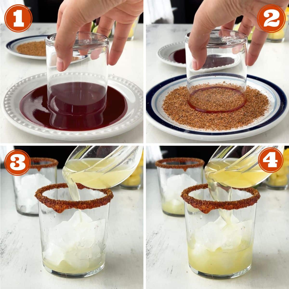 steps tp making a michelada, glass in chamoy, glass in chile powder, juices added