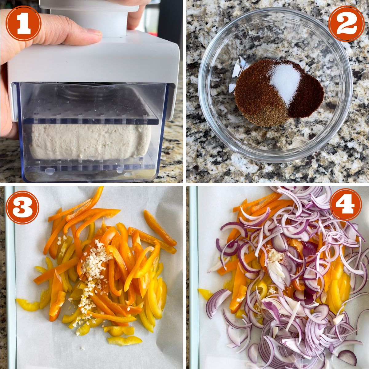 tofu being pressed, taco seasoning in a bowl, bell pepper and garlic on a sheet tray, onions added to the sheet tray